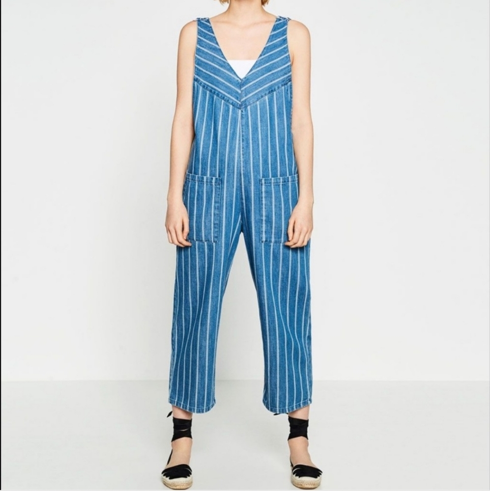 Zara Trafaluc Denim Pinstripe Jumpsuit Romper One Piece - Picture 2 of 12